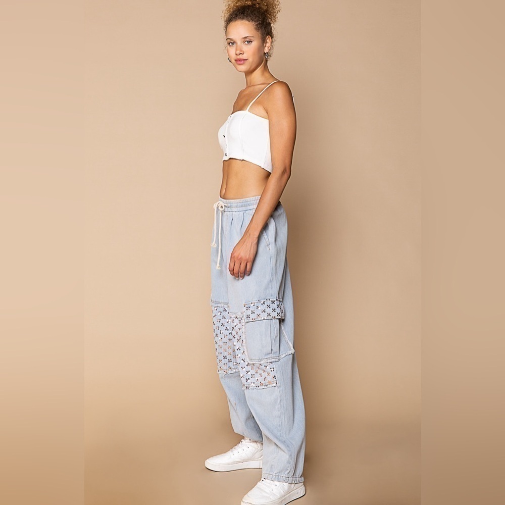 POL Adorable Baggy Denim Jeans Draw-string Slouchy Pants Sequins NEW - Picture 5 of 6